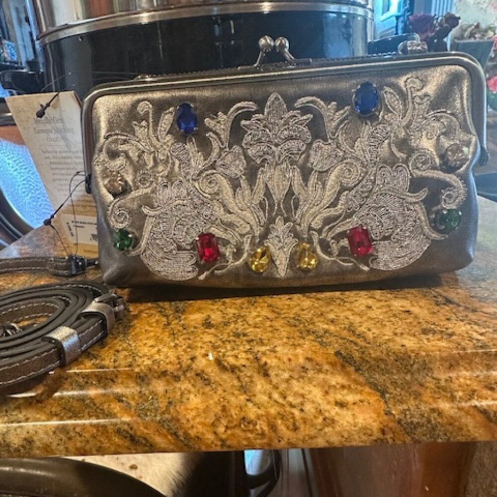 NWT Patricia Nash Leather Missoula Metallic Gem Baroque Frame Crossbody Clutch